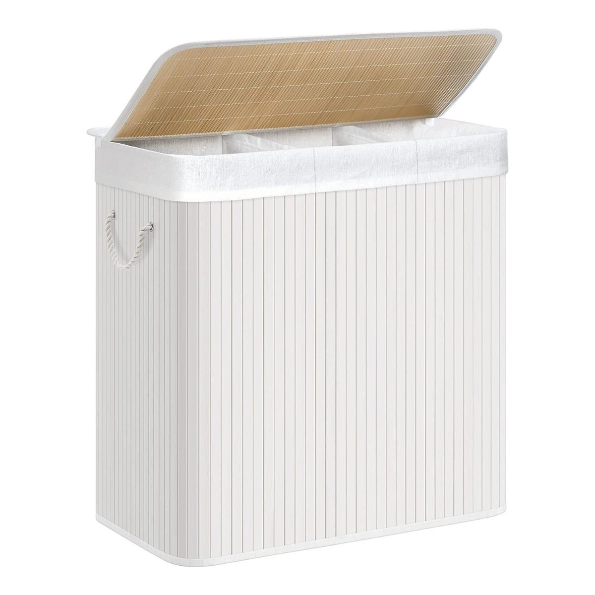 Cesto per biancheria con 3 scomparti e sacchetti rimovibili in bambù e bianco