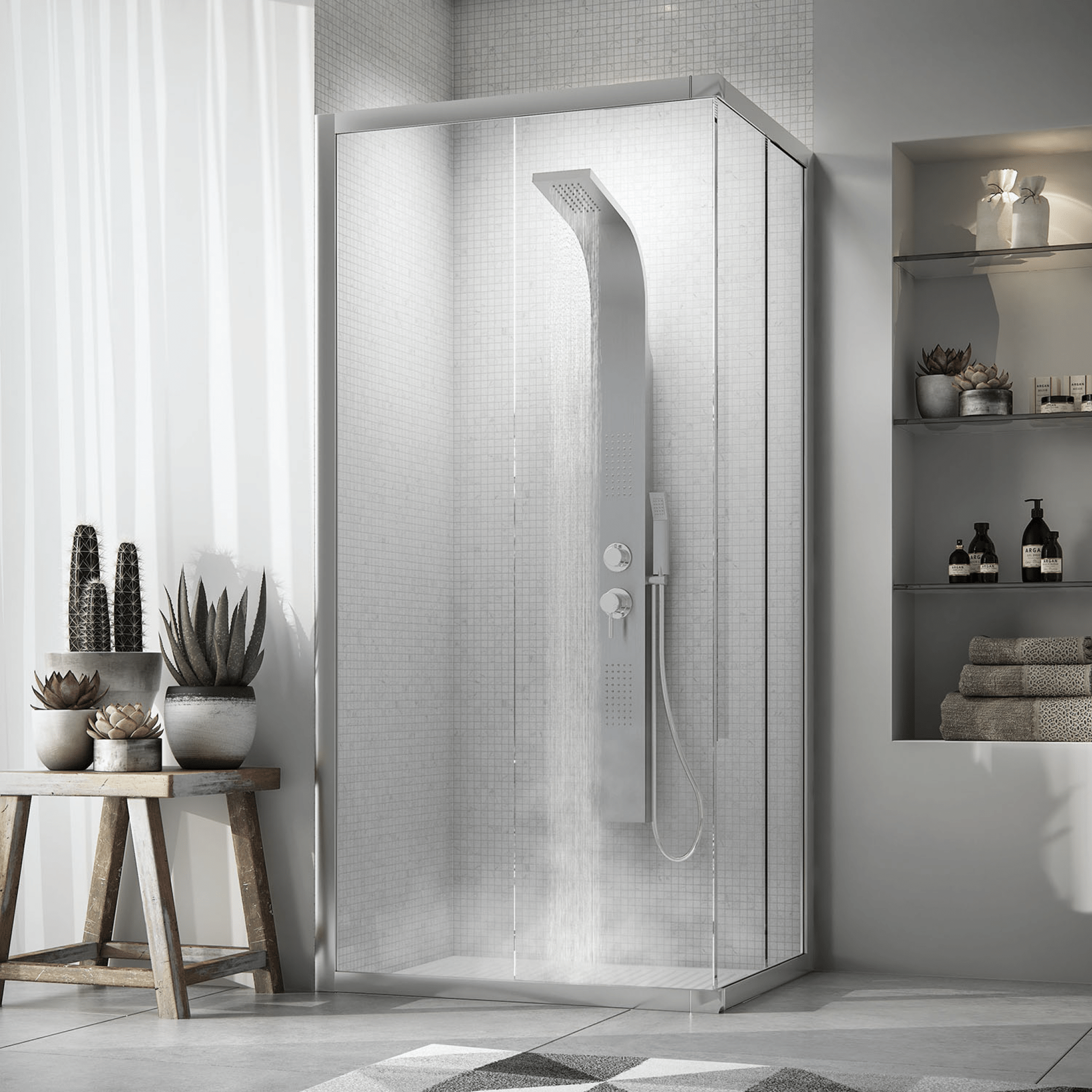 Colonna Doccia Idromassaggio Con Miscelatore Manuale Kit Doccetta Gedy "Massage 01" Inox Spazzolato