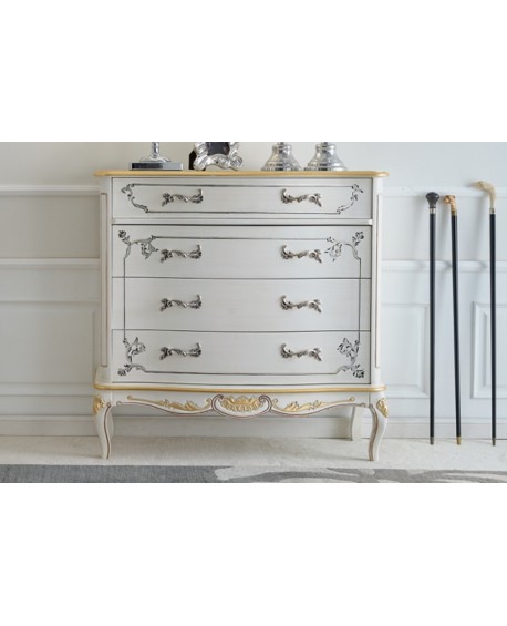 COMO' 4 CASSETTI LEGNO MASSELLO CON INTARSIO LACCATO BIANCO L101 P46 H100