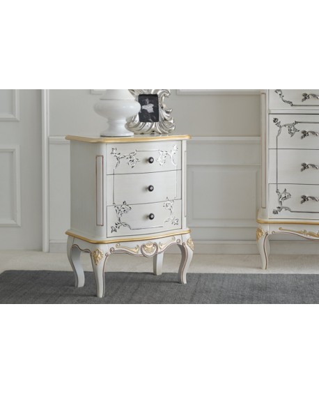 COMODINO 3 CASSETTI LEGNO MASSELLO CON INTARSIO LACCATO BIANCO L52 P35 H67