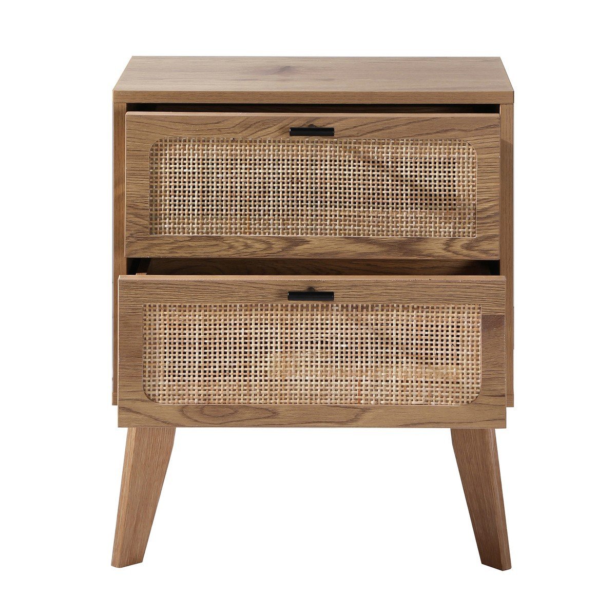 Comodino a 2 cassetti con frontali in rattan e gambe in legno decorativo L45 cm - ALIA