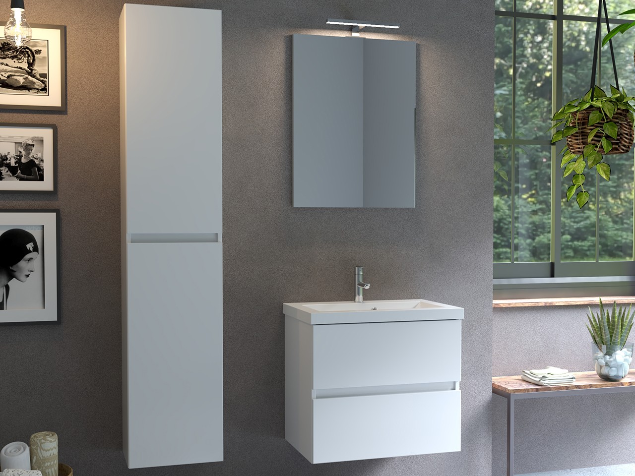 Mobile Bagno Salvaspazio COMPACT-39 L60 cm 2 Cassetti Bianco Lucido e Lavabo Unitop in Mineralmarmo Bianco Lucido-9017119