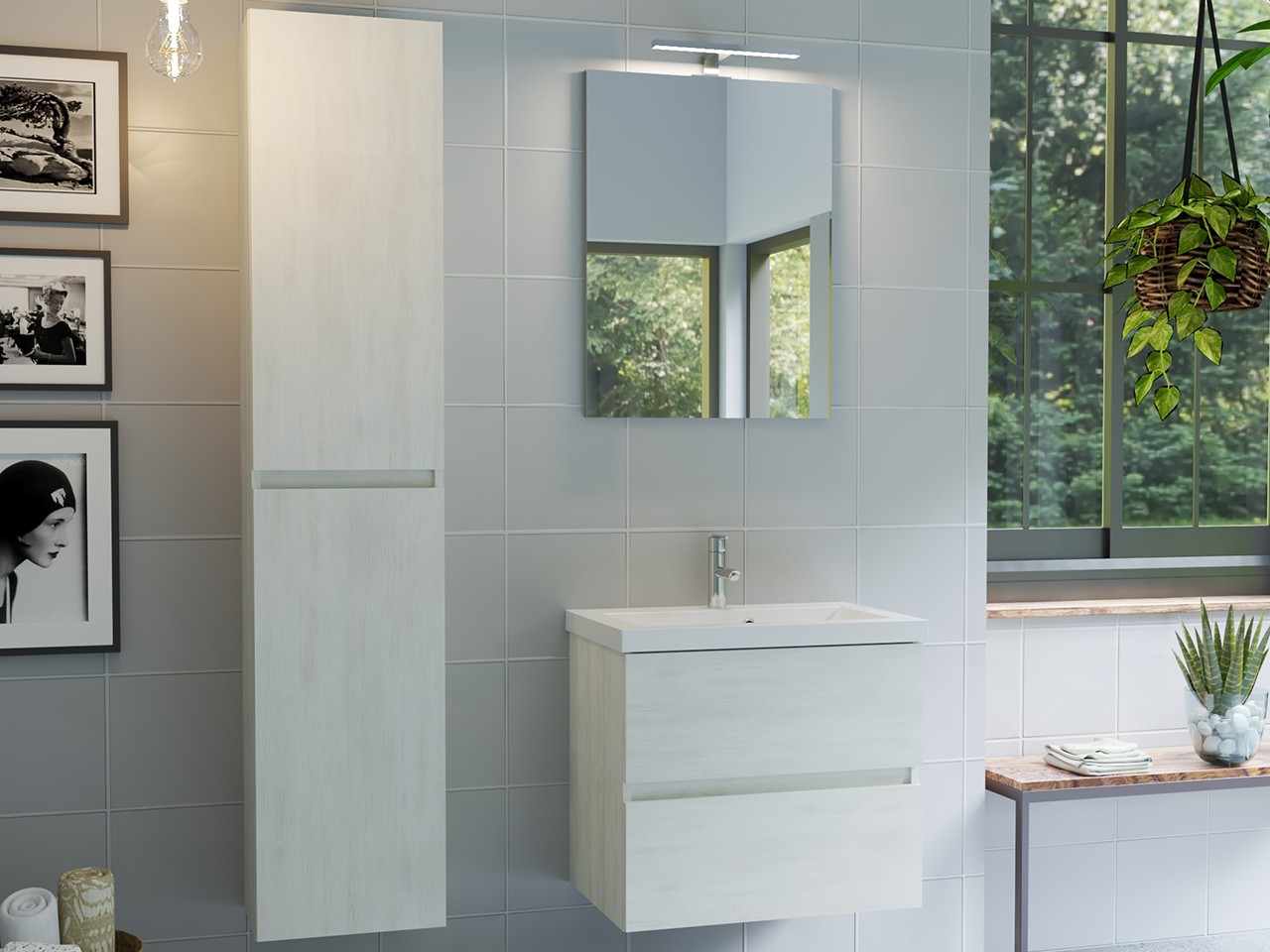 Mobile Bagno Salvaspazio COMPACT-39 L60 cm 2 Cassetti Larice Bianco e Lavabo Unitop in Mineralmarmo Bianco Lucido-9017120
