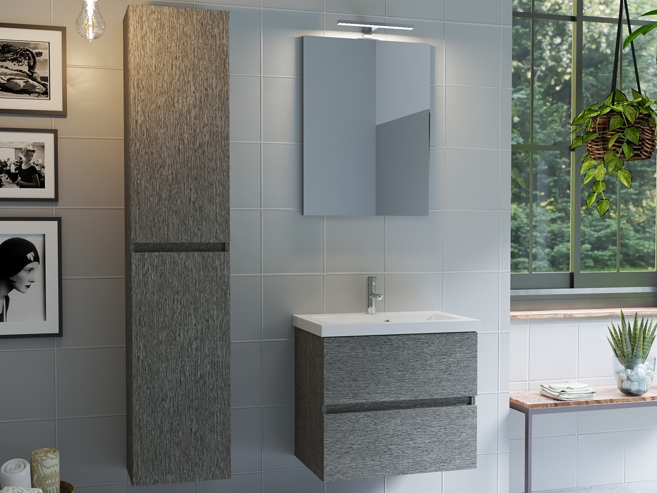 Mobile Bagno Salvaspazio COMPACT-39 L60 cm 2 Cassetti Larice Grigio e Lavabo Unitop in Mineralmarmo Bianco Lucido-9017121