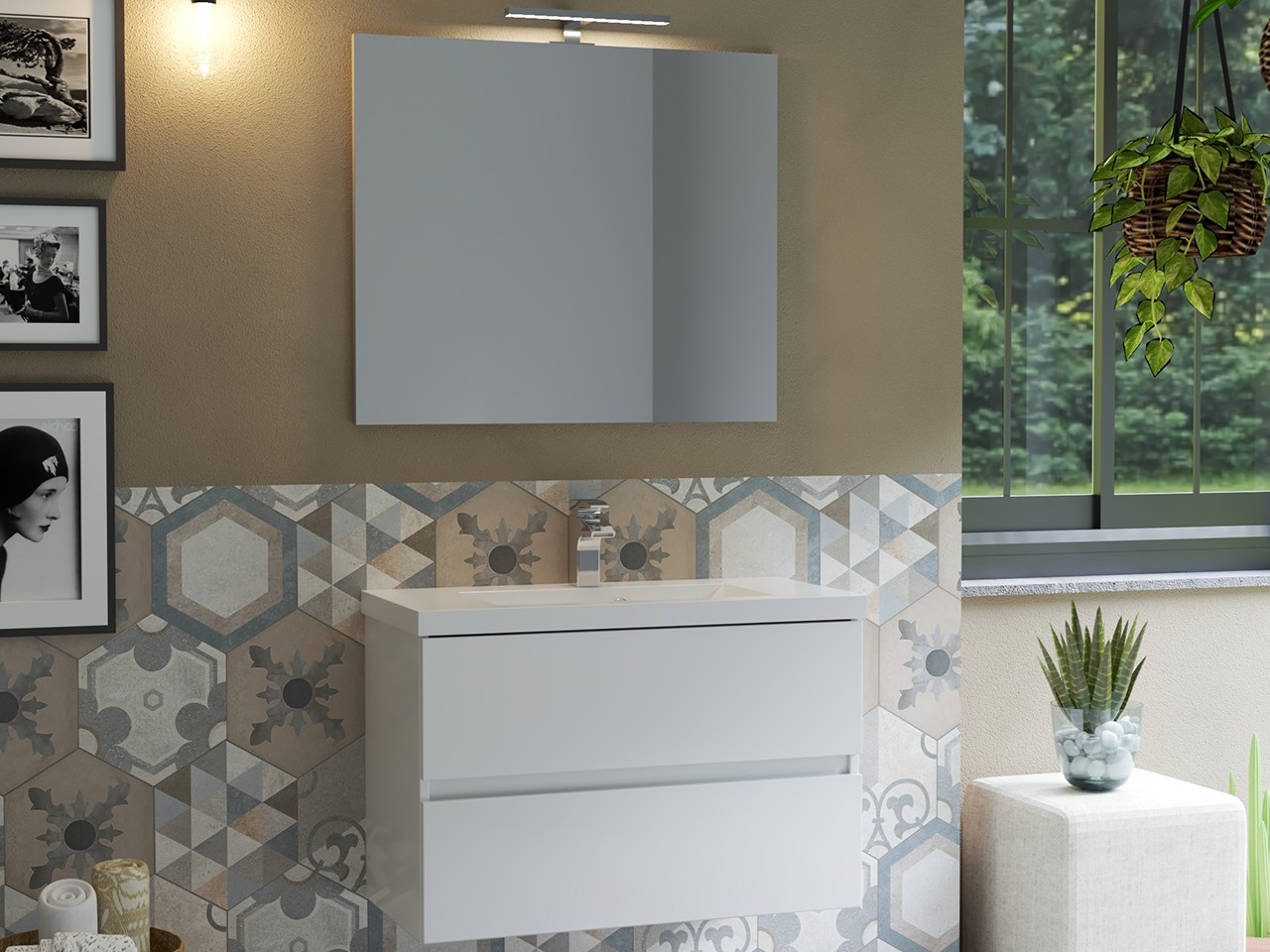 Mobile Bagno Salvaspazio COMPACT-39 L80 cm 2 Cassetti Bianco Lucido e Lavabo Unitop in Mineralmarmo Bianco Lucido-9017122
