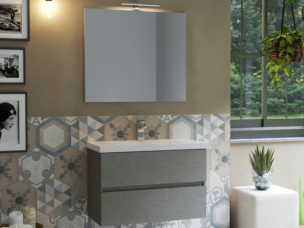 Mobile Bagno Salvaspazio COMPACT-39 L80 cm 2 Cassetti Larice Grigio e Lavabo Unitop in Mineralmarmo Bianco Lucido-9017124