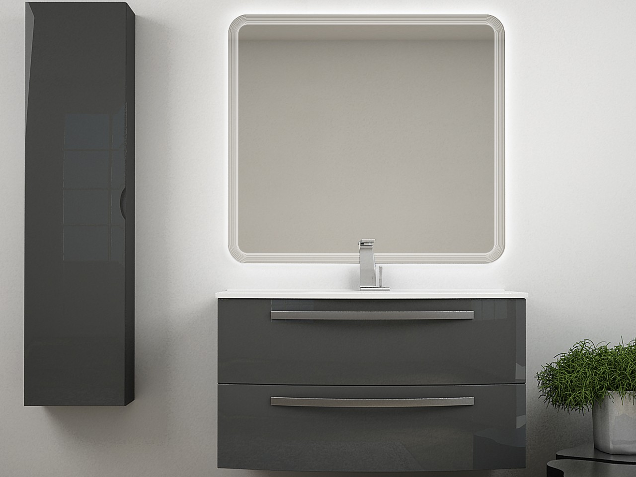 Mobile Bagno Corallo 100 cm 2 Cassetti Antracite con Lavabo Unitop in Resina Bianco Lucido-9009623