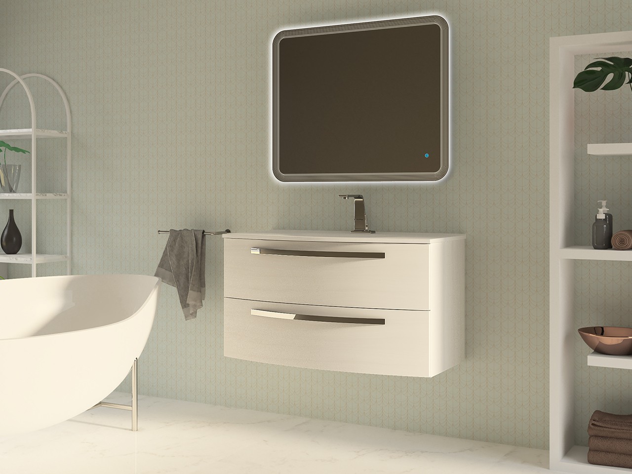 Mobile Bagno Corallo 100 cm 2 Cassetti Bianco Lucido con Lavabo Unitop in Resina Bianco Lucido-9009625