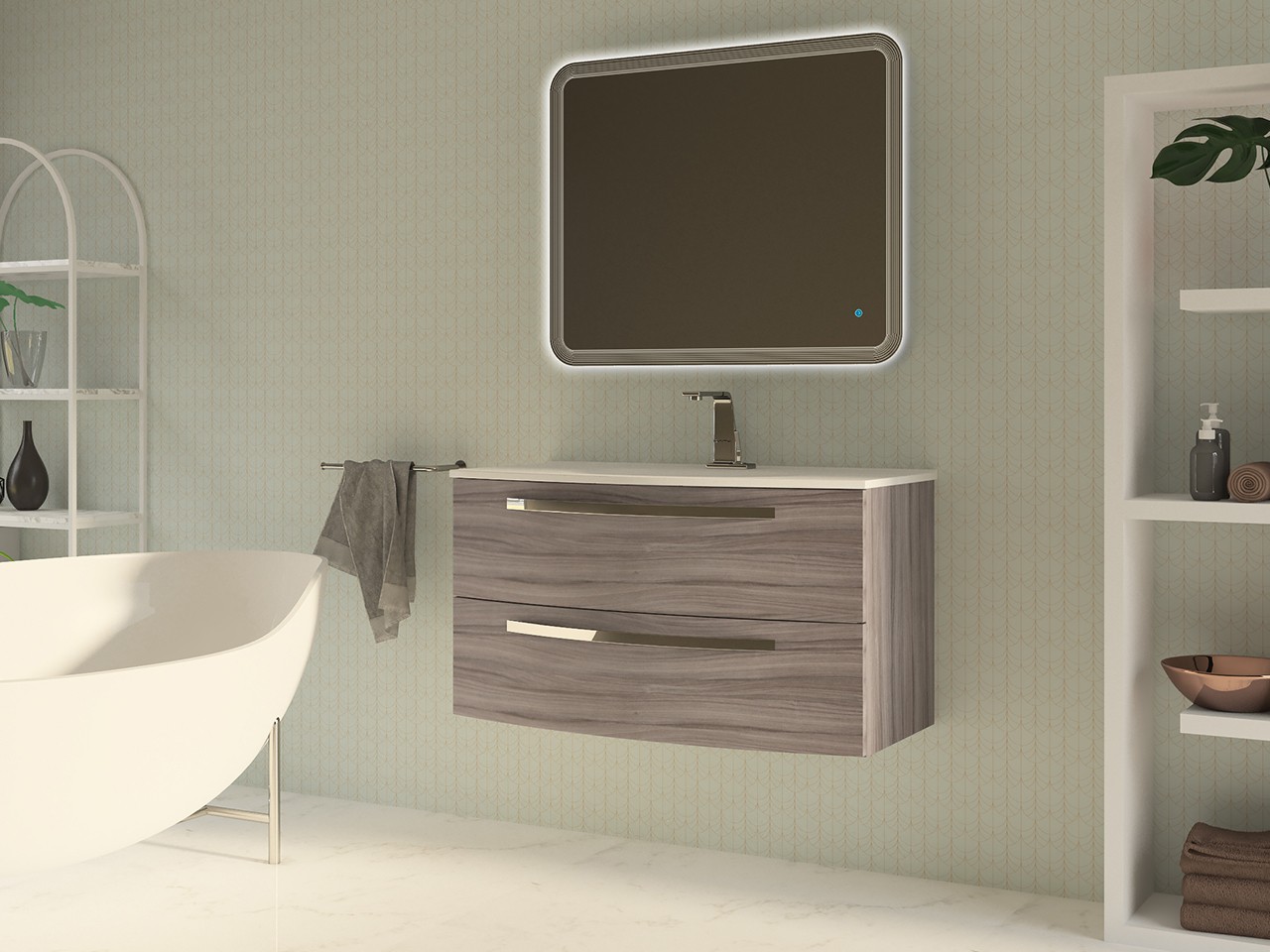 Mobile Bagno Corallo 100 cm 2 Cassetti Larice con Lavabo Unitop in Resina Bianco Lucido-9009631