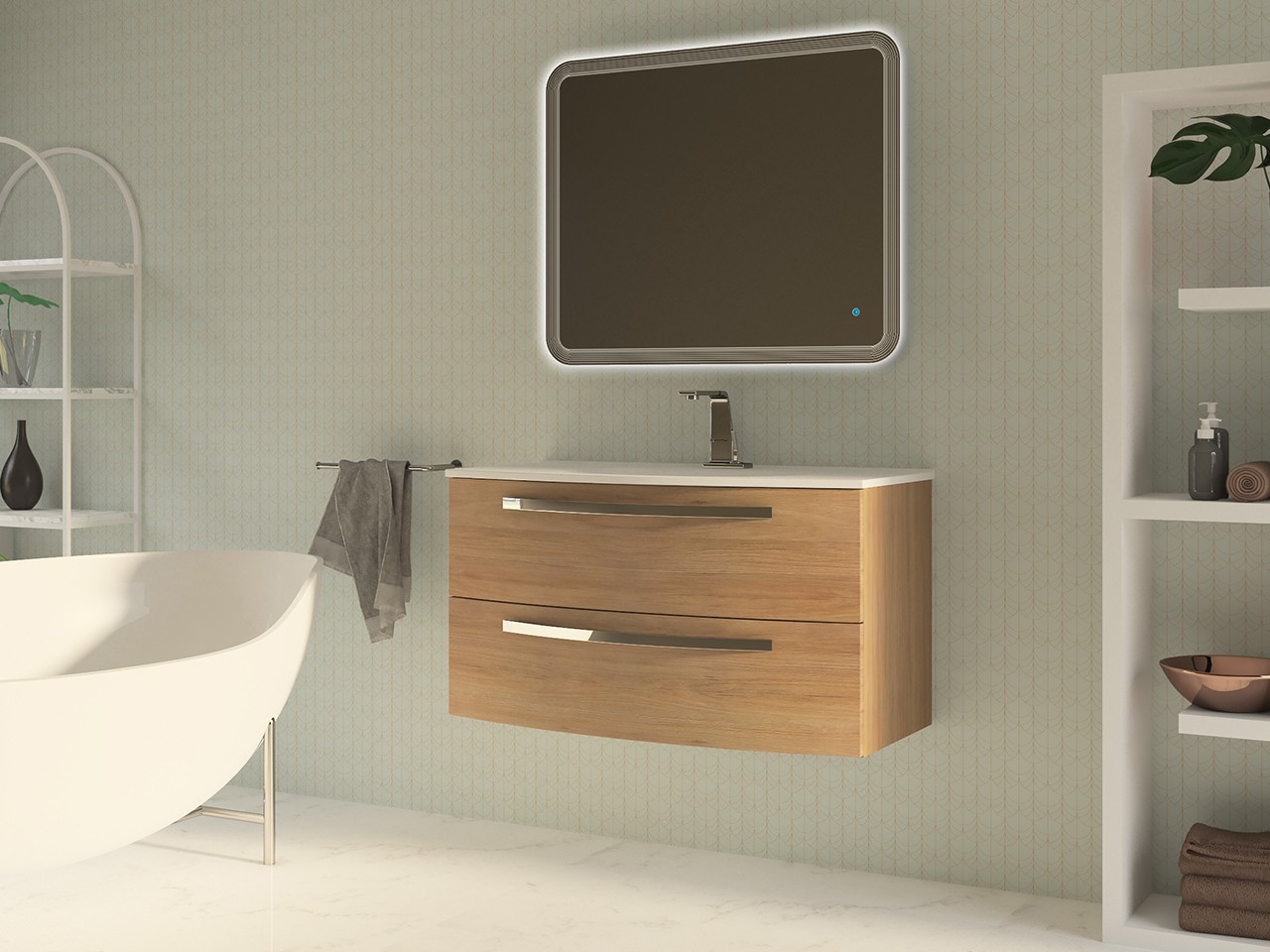 Mobile Bagno Corallo 100 cm 2 Cassetti Rovere Tabacco con Lavabo Unitop in Resina Bianco Lucido-9009634
