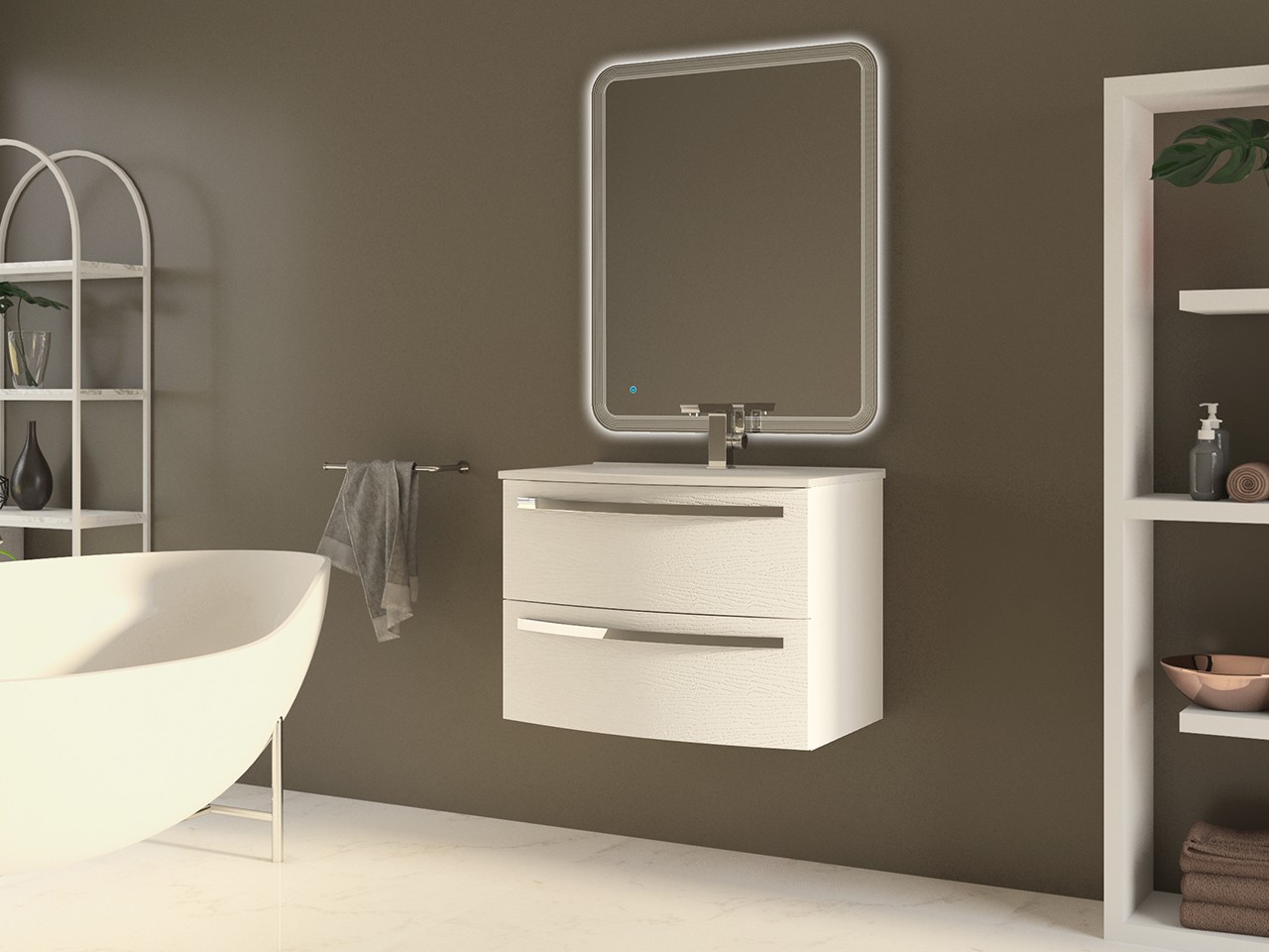 Mobile Bagno Corallo 75 cm 2 Cassetti Frassino Bianco con Lavabo Unitop in Resina Bianco Lucido-9009615