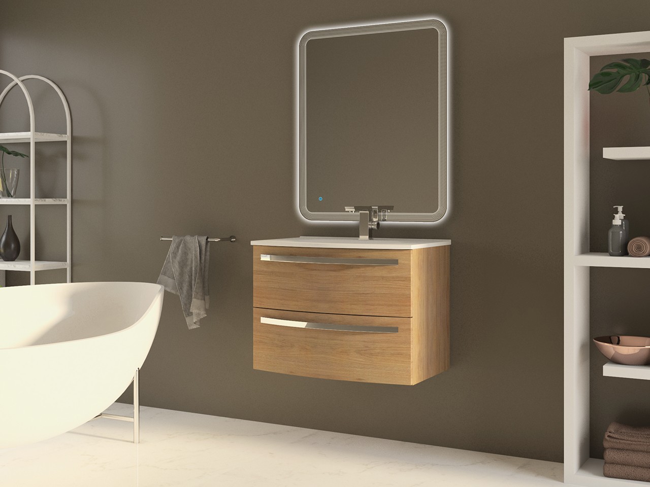 Mobile Bagno Corallo 75 cm 2 Cassetti Rovere Tabacco con Lavabo Unitop in Resina Bianco Lucido-9009621