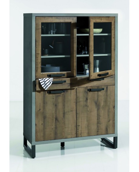 CREDENZA 2P IN VETRO 2P E 2C CEMENTO E ROVERE100x45x170