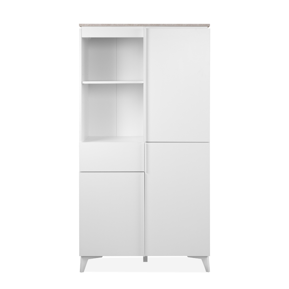 Credenza alta con 3 ante, 3 ripiani, 1 cassetto e 2 vani, finitura travertino e bianco, 88 cm - BERTRIX