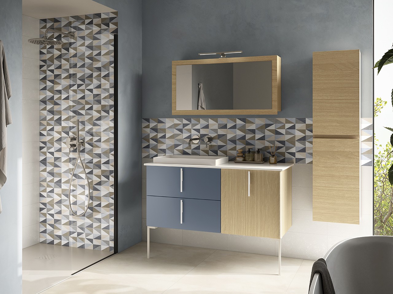 Mobile Bagno DESK 120 cm Quercia/Blu Avio Opaco - Maniglie e Piedini e Lavabo STAR Bianco opaco-9024660