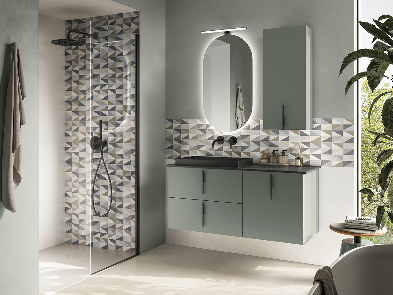 Mobile Bagno DESK 120 cm Verde Opaco - Maniglie e Lavabo STAR Pietra Nero opaco-9024665