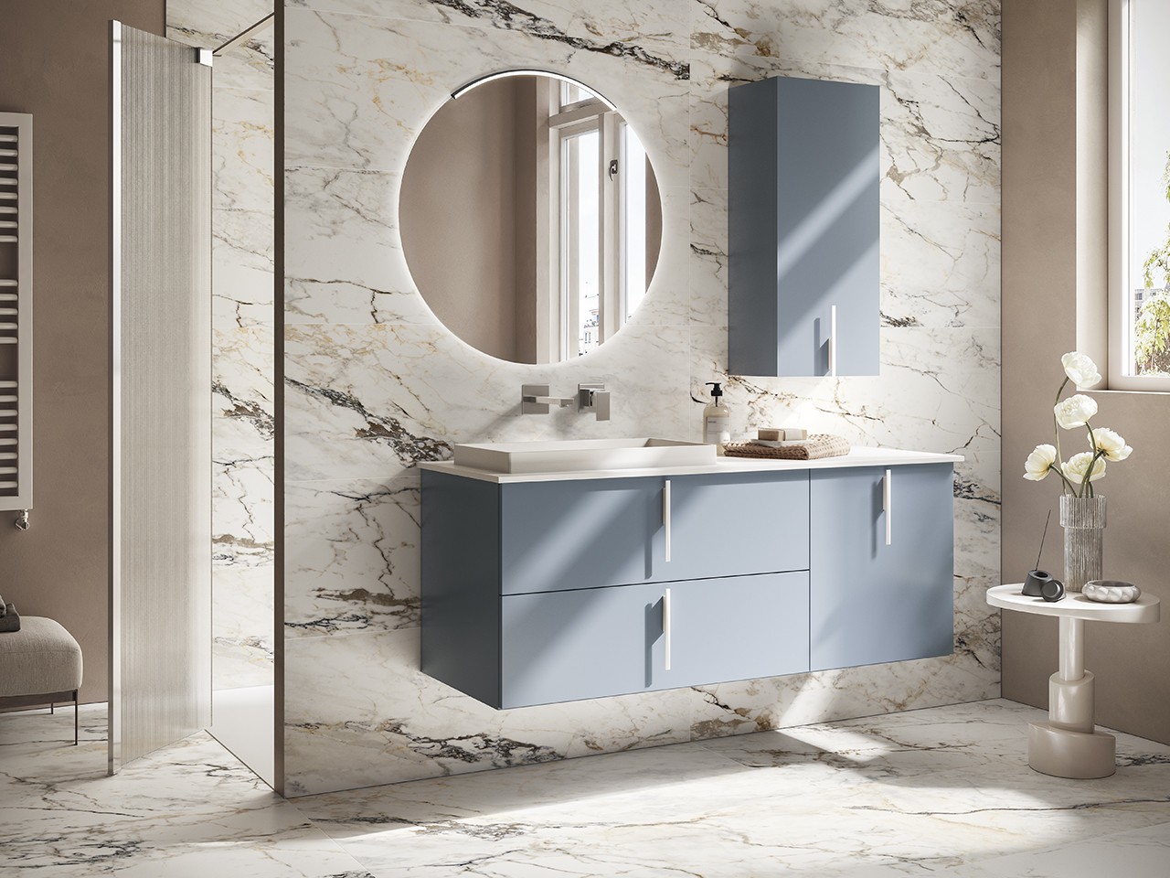 Mobile Bagno DESK 140 cm Blu Avio Opaco - Maniglie e Lavabo STAR Bianco opaco-9024647