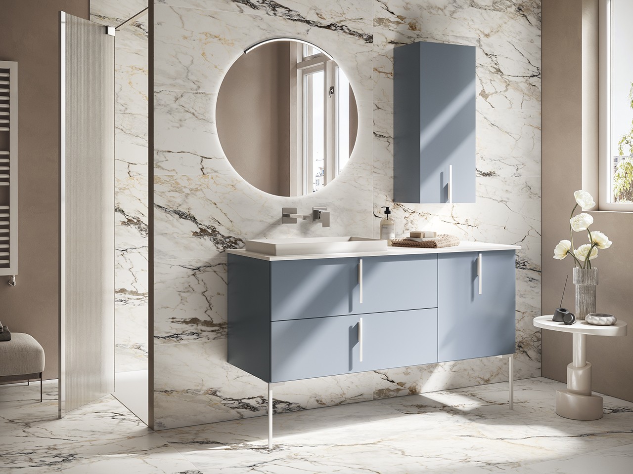Mobile Bagno DESK 140 cm Blu Avio Opaco - Maniglie e Piedini con Lavabo STAR Bianco opaco-9024646