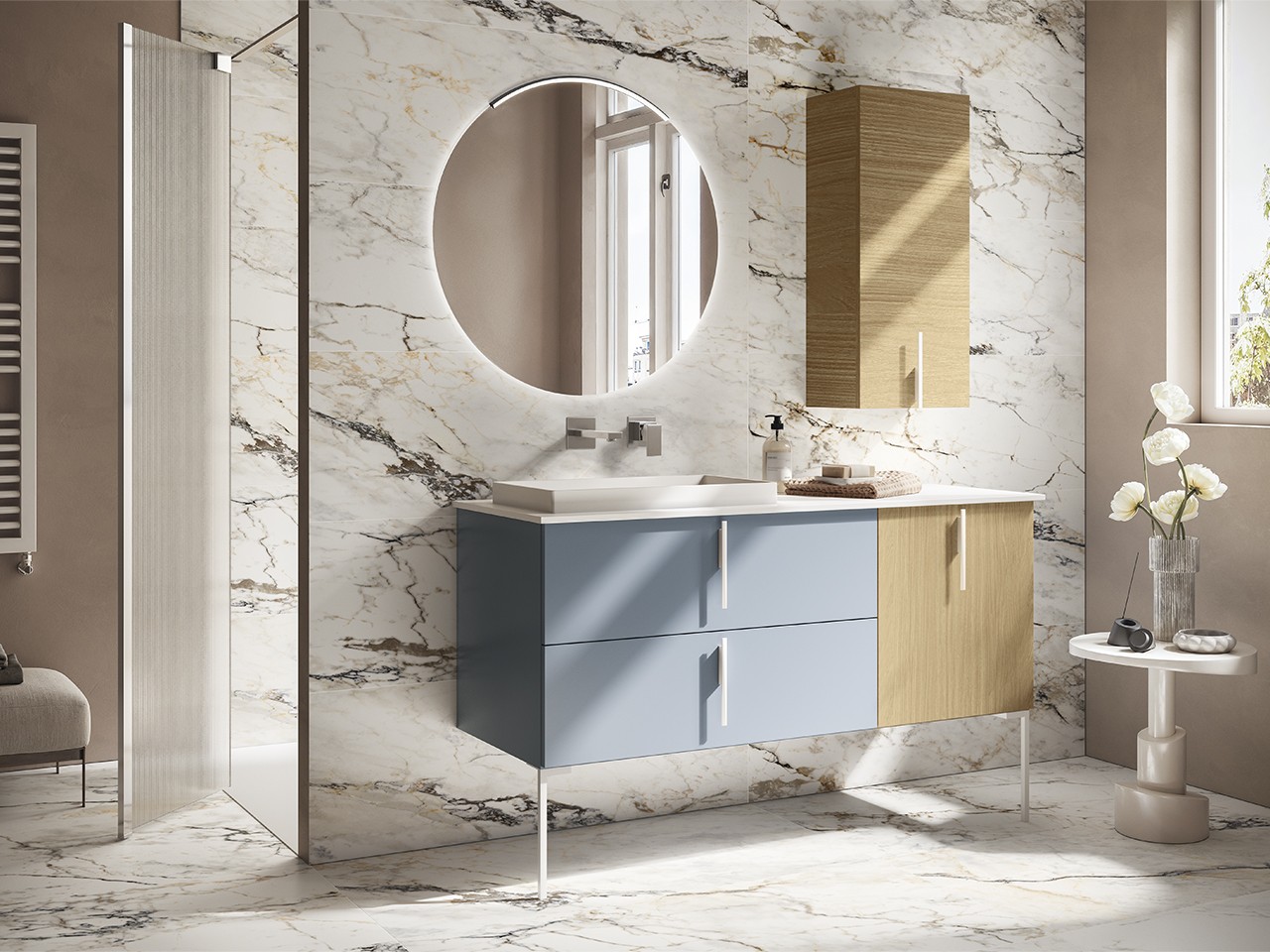 Mobile Bagno DESK 140 cm Quercia/Blu Avio Opaco - Maniglie e Piedini con Lavabo STAR Bianco opaco-9024648