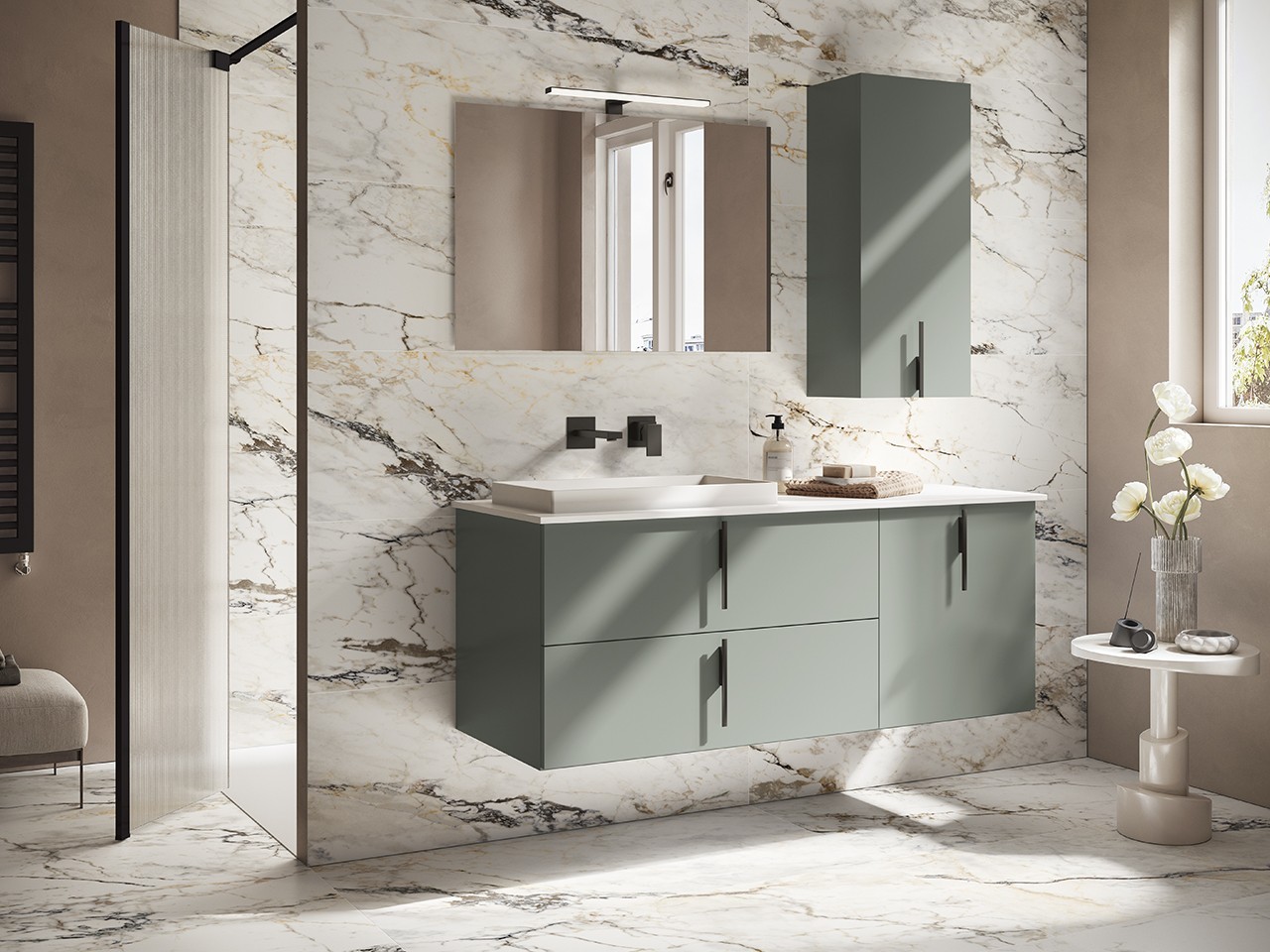 Mobile Bagno DESK 140 cm Verde Opaco - Maniglie Nero Op. e Lavabo STAR Pietra Bianco opaco-9024653