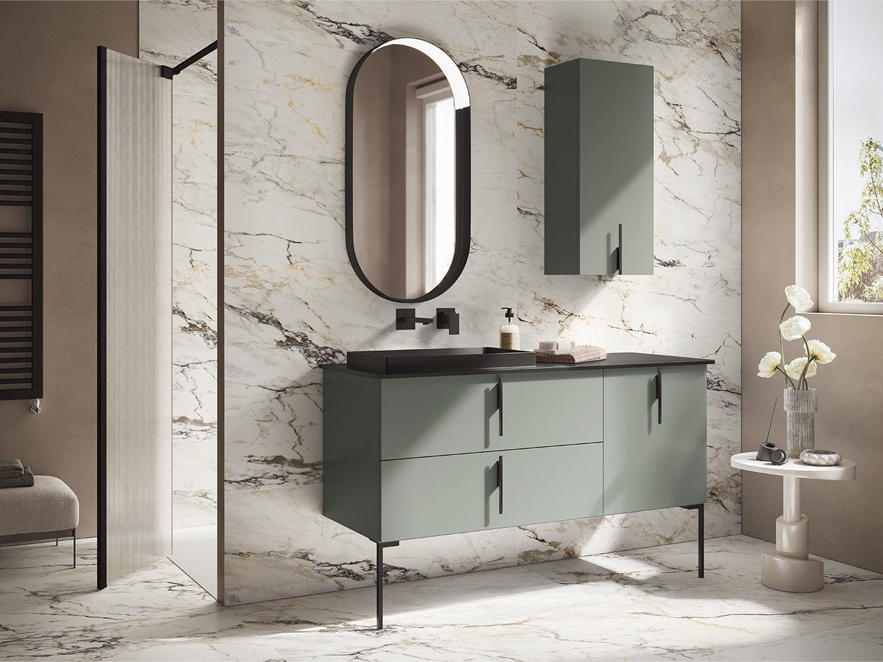 Mobile Bagno DESK 140 cm Verde Opaco - Maniglie Nero Op. e Lavabo STAR Pietra Nero opaco-9024654