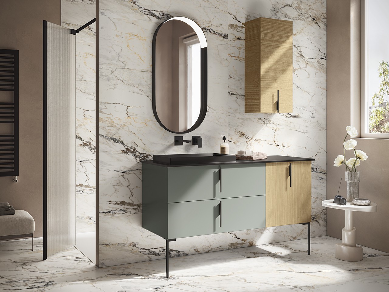 Mobile Bagno DESK 140 cm Quercia/Verde Opaco - Maniglie Nero Op. e Lavabo STAR Pietra Nero opaco-9024650