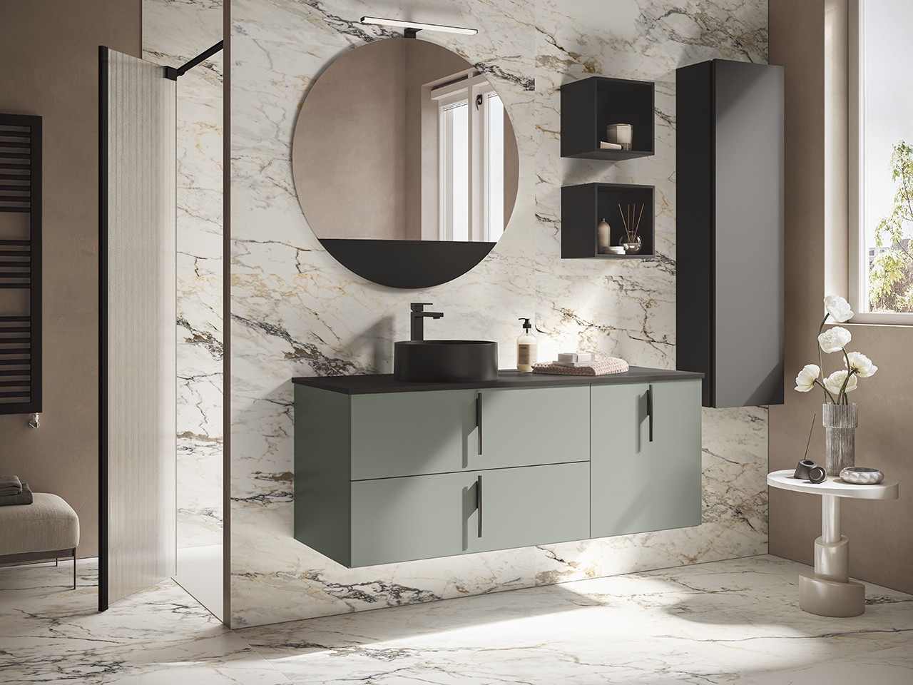 Mobile Bagno DESK 140 cm Verde Opaco - Maniglie Nero Op. e Toppino Phoenix Nero Op.-9024655