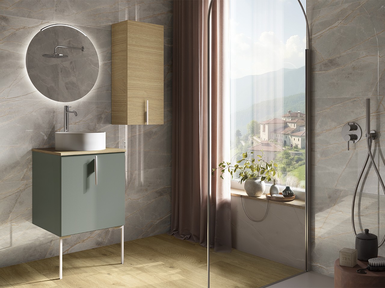 Mobile Bagno DESK 50 cm 1 Anta Verde Opaco / Quercia - Maniglia e Piedini Bianco opaco-9024669