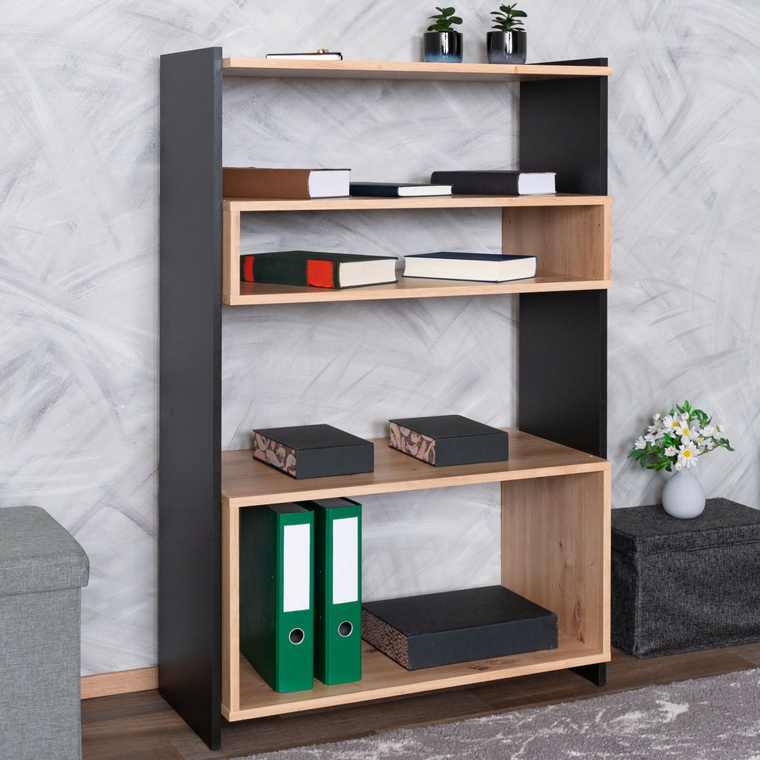 Scaffale Trezevant 03, rovere Artisan / nero - misure: 122 x 80 x 40 cm (h x l x p)