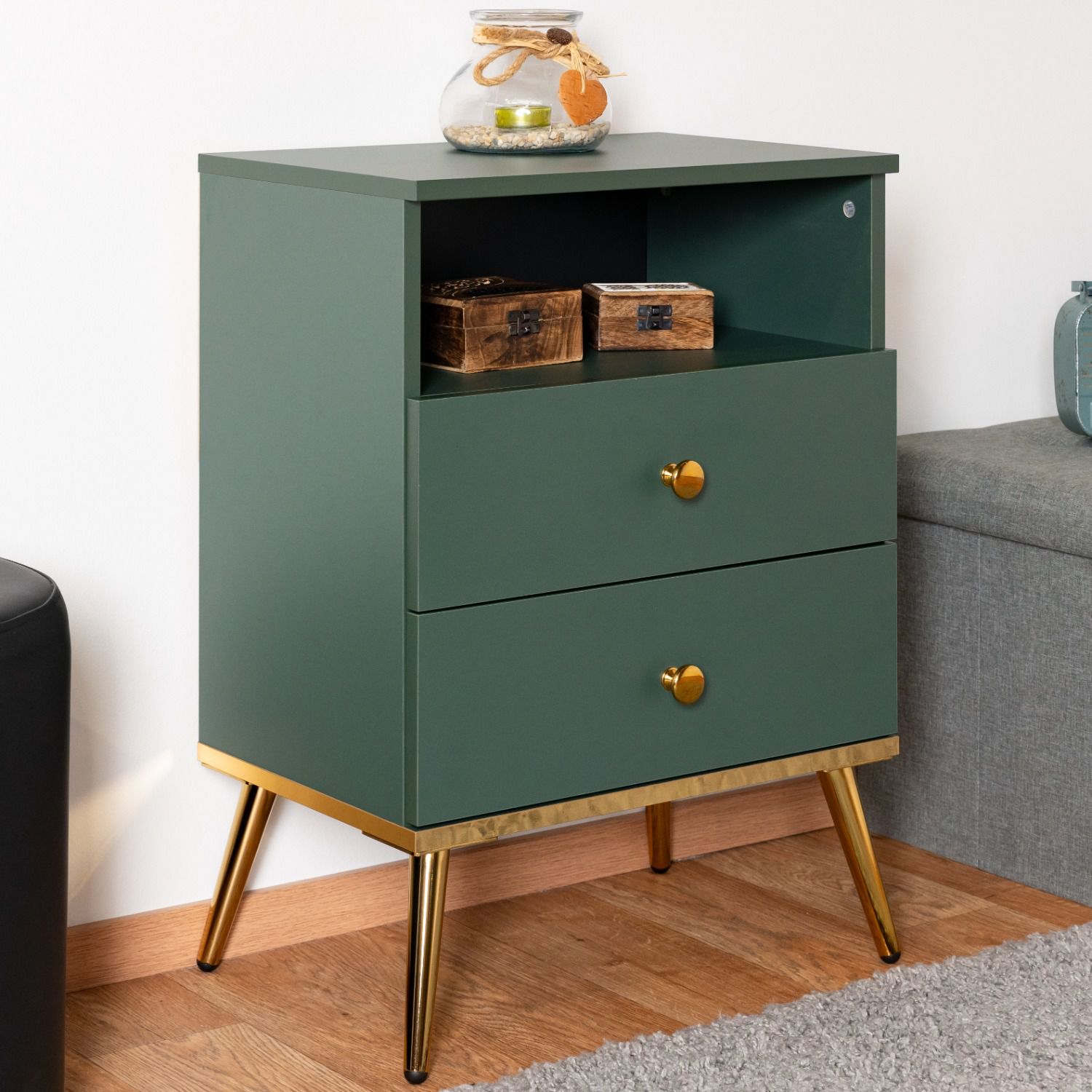 Comodino grande Inari 10, verde foresta - 70 x 50 x 34 cm (h x l x p), con 2 cassetti e 1 scomparto