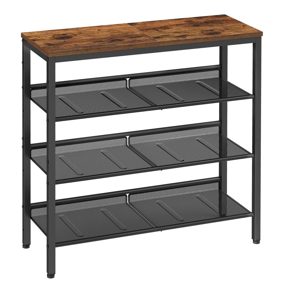 Etagère à chaussures 3 niveaux et tablette supérieur décor noyer - L75 cm