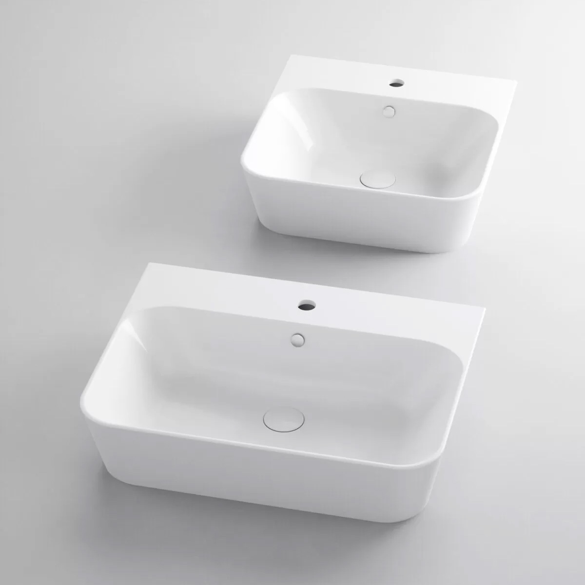 Lavabo da appoggio-sospeso in ceramica bianca lucida con monoforo Build