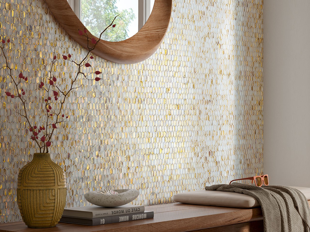 Mosaico in Vetro Gems Goldline con Foglia Oro 29,5x29,8 cm Bianco/Oro-77013