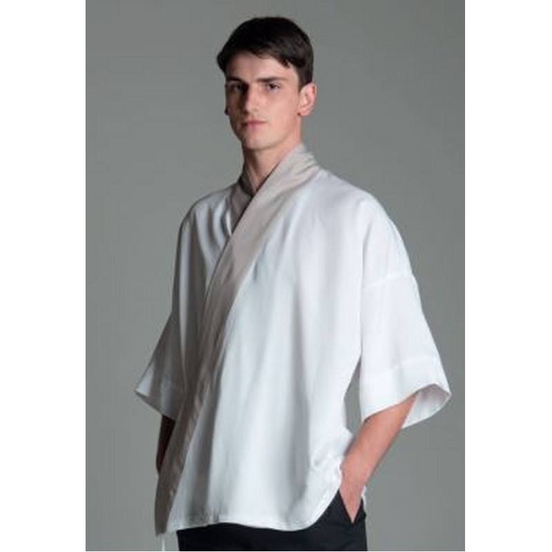 GIACCA KIMONO TG M-L BIANCO/TORTORA CON COLLO A CONTRASTO MANICA AMPIA
