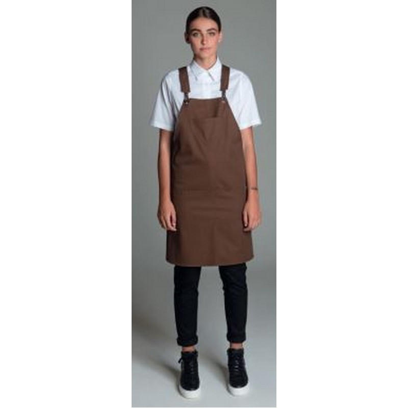 GREMBIULE MARRONE CON TASCA SU PETTORINA, DUE TASCHE, ACCESSORI IN METALLO TG U