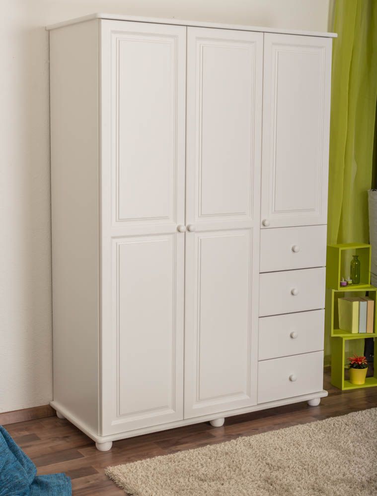 Armadio "Junco" 04, pino massiccio, laccato bianco - 195 x 135 x 59 cm