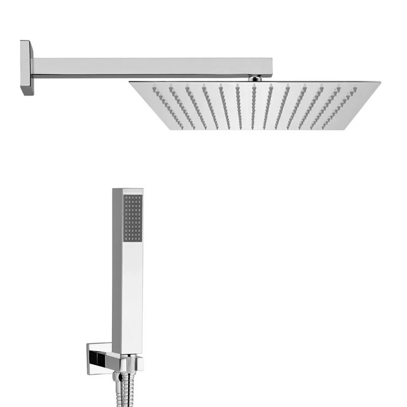 Kit doccia quadrato cromo set doccia + soffione acciaio 20x20 cm + braccio 30cm