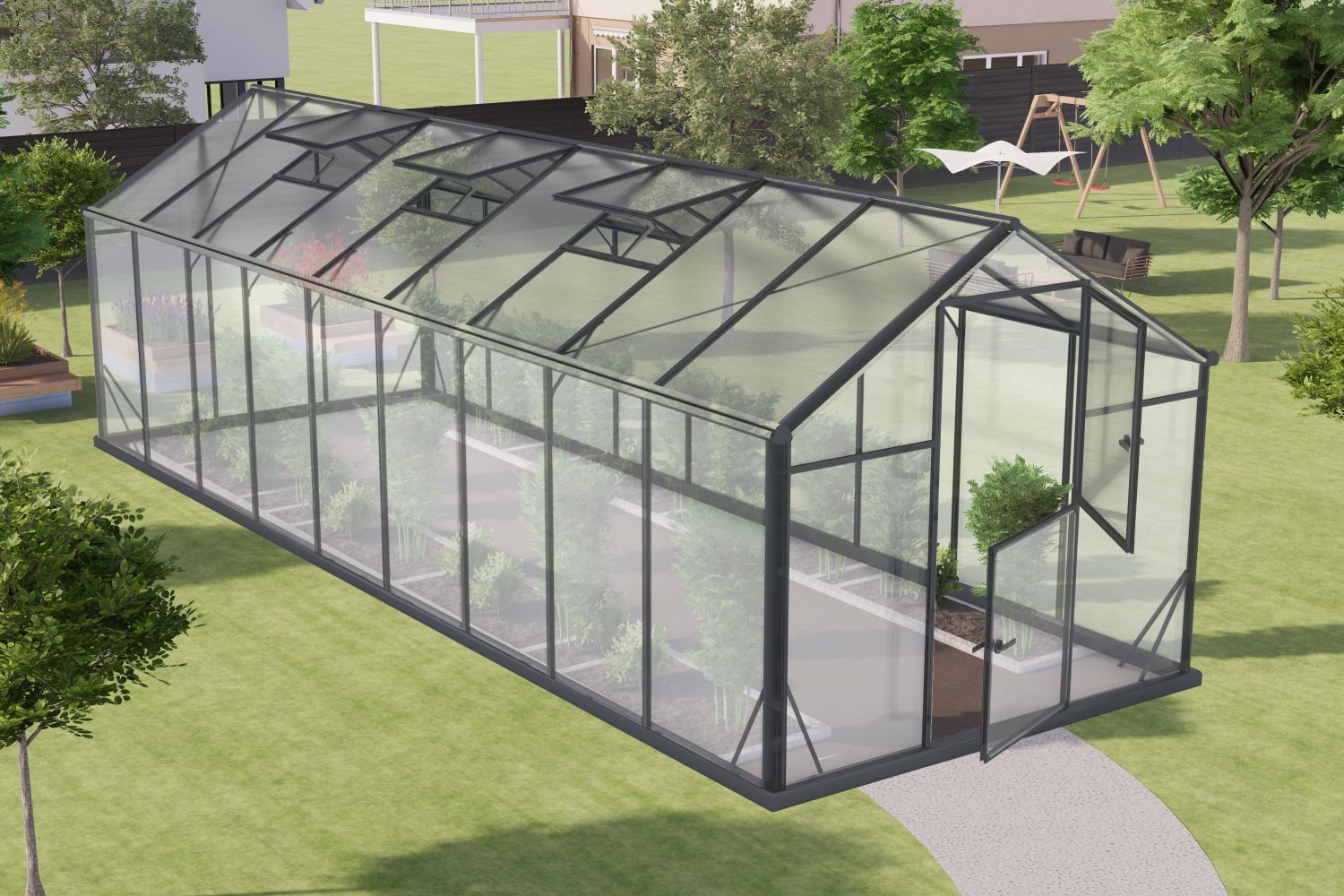 Serra Rucola L15, pareti: vetro temperato da 4 mm, tetto: lastra in policarbonato alveolare da 6 mm, superficie: 14,10 m² - misure: 640 x 220 cm (l x l)