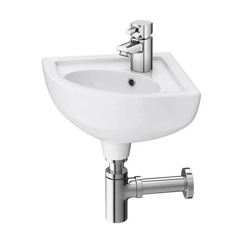 Lavabo angolare sospeso 44x36 cm salvaspazio in ceramica bianca lucida