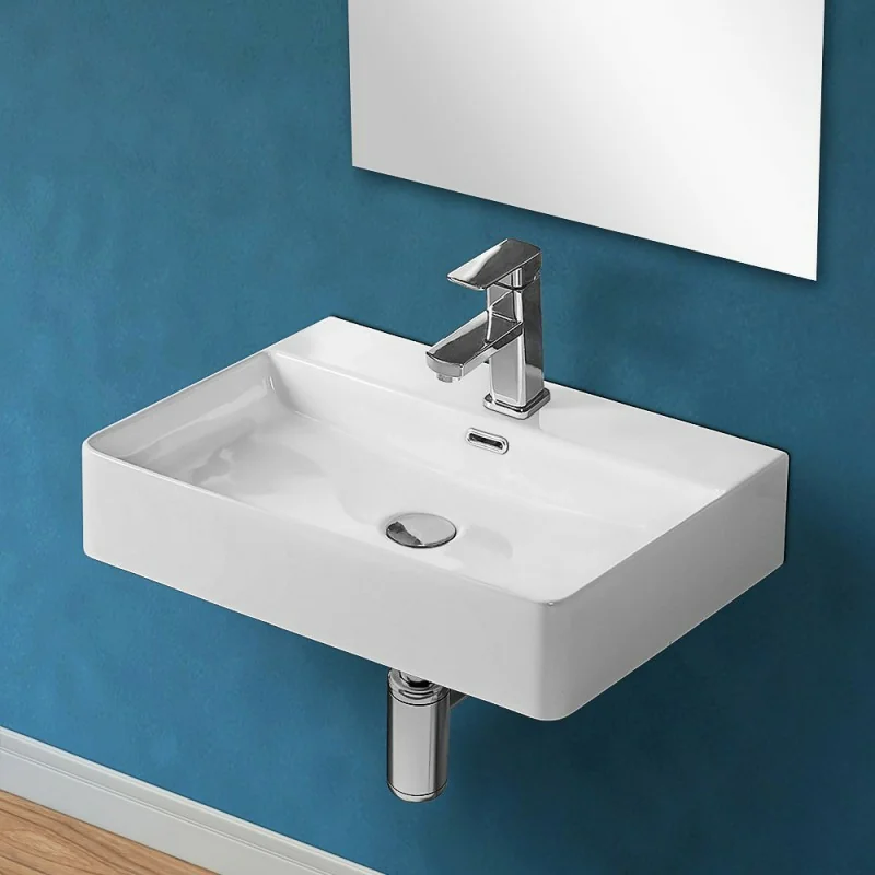 Lavabo sospeso rettangolare 60x42 cm in ceramica bianco lucido