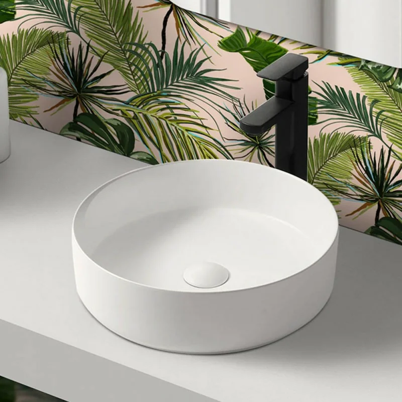 Lavandino da appoggio 40 cm design tondo in ceramica bianco opaco