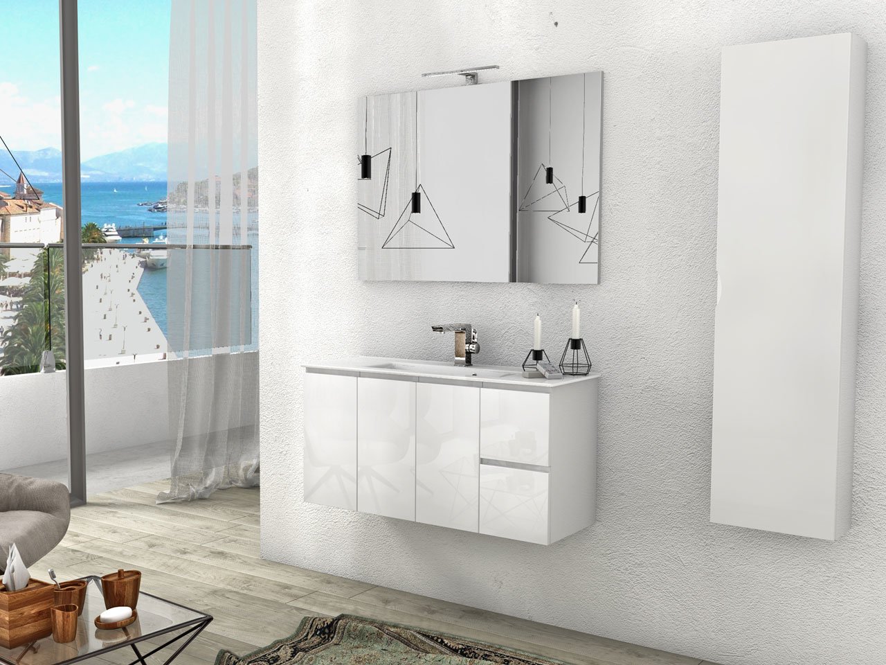 Mobile Bagno Salvaspazio Luana 101 cm con 3 Ante Bianco Lucido e Lavabo Unitop in Ceramica Bianco Lucido-9009778