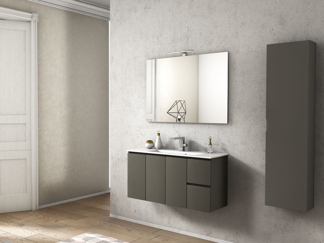 Mobile Bagno Salvaspazio Luana 101 cm con 3 Ante Talpa Opaco e Lavabo Unitop in Ceramica Bianco Lucido-9009779