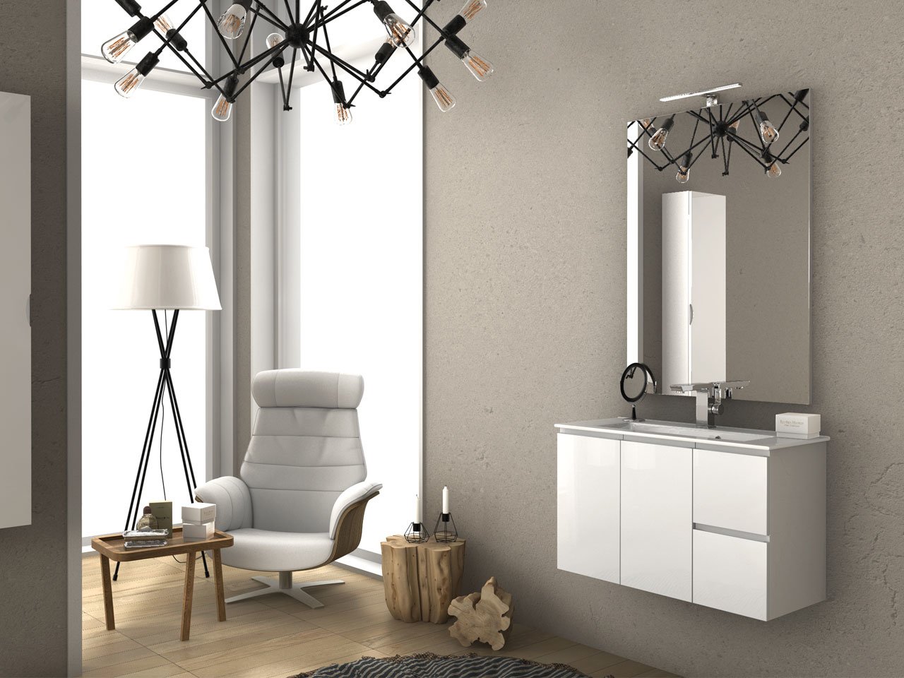 Mobile Bagno Salvaspazio Luana 81 cm 2 Ante Bianco Lucido e Lavabo Unitop in Ceramica Bianco Lucido-9009780