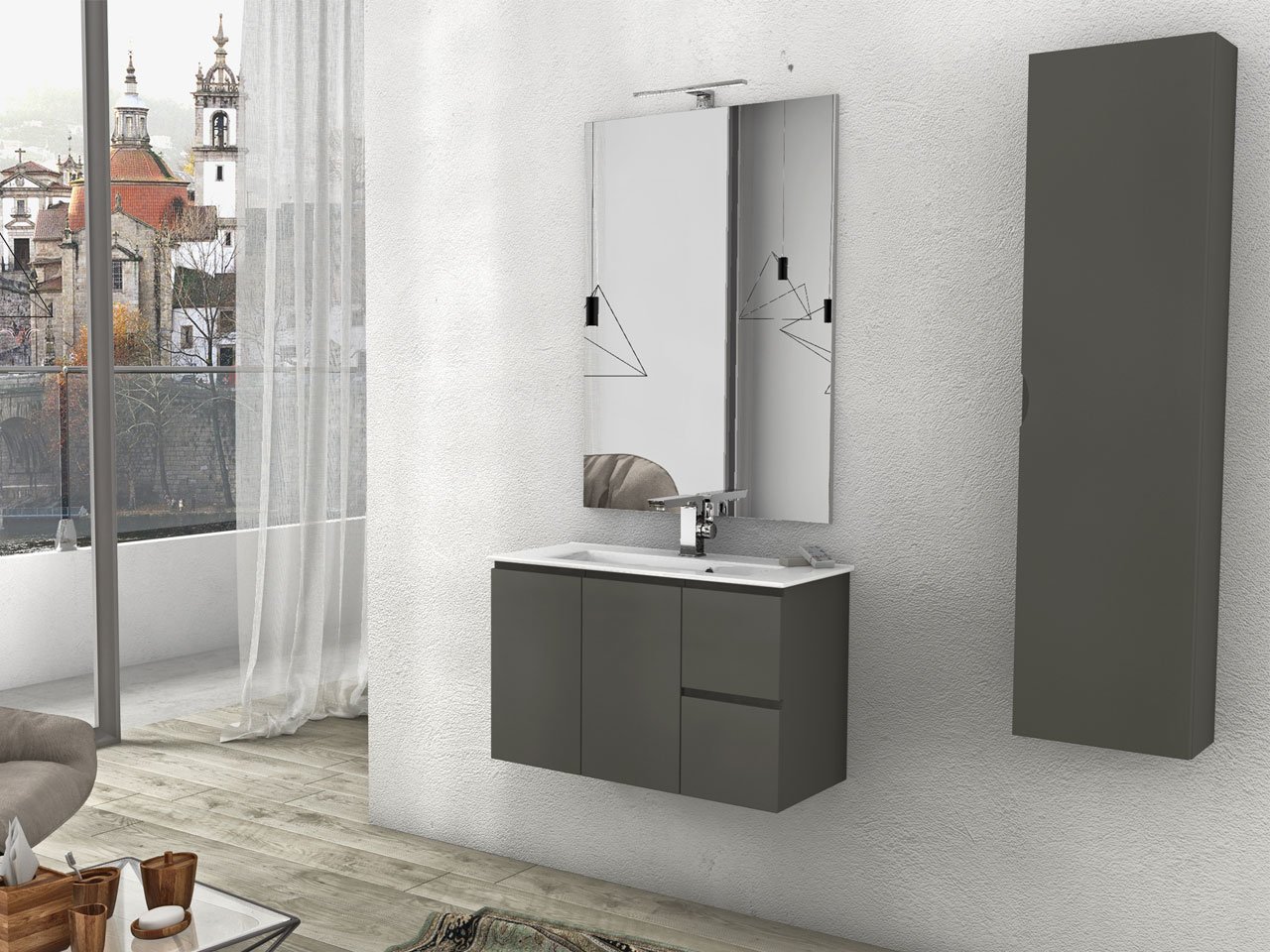 Mobile Bagno Salvaspazio Luana 81 cm con 2 Ante Talpa Opaco e Lavabo Unitop in Ceramica Bianco Lucido-9009781