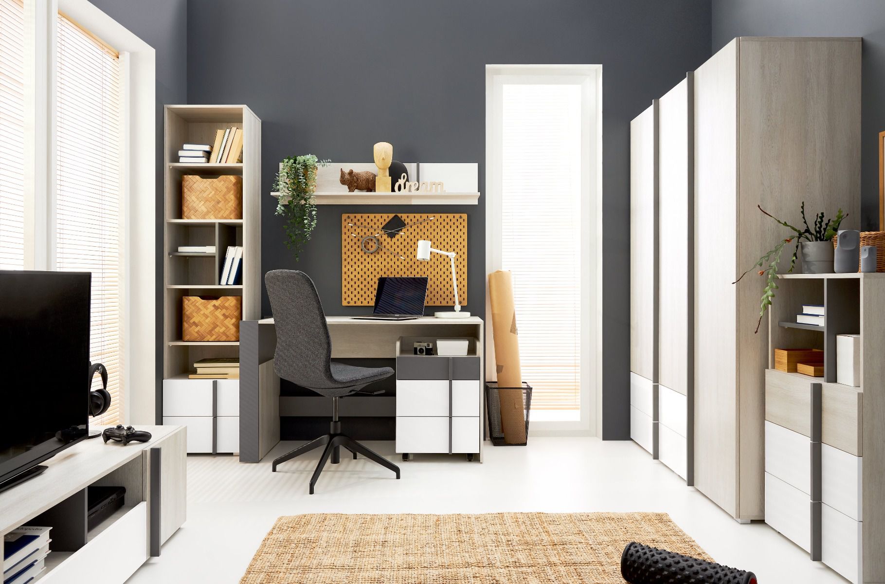 Camera da letto - Set B Shields, 7 pezzi, colore: bianco rovere / bianco / antracite