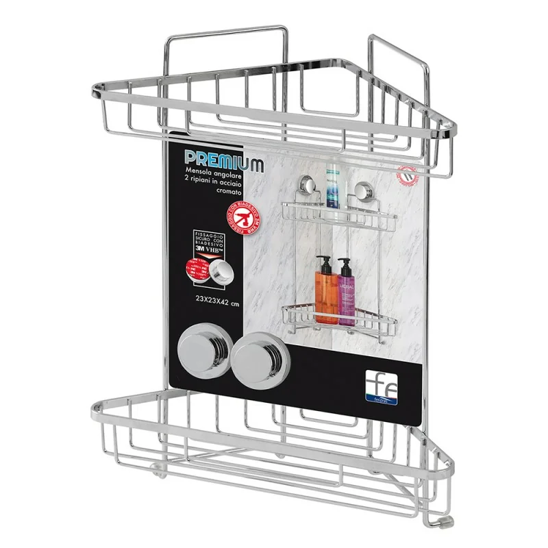 Mensola doccia angolare cromata con 2 ripiani e doppio fissaggio