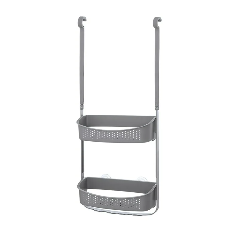 Mensola doccia grigia in PVC con 2 ripiani e ganci inferiori