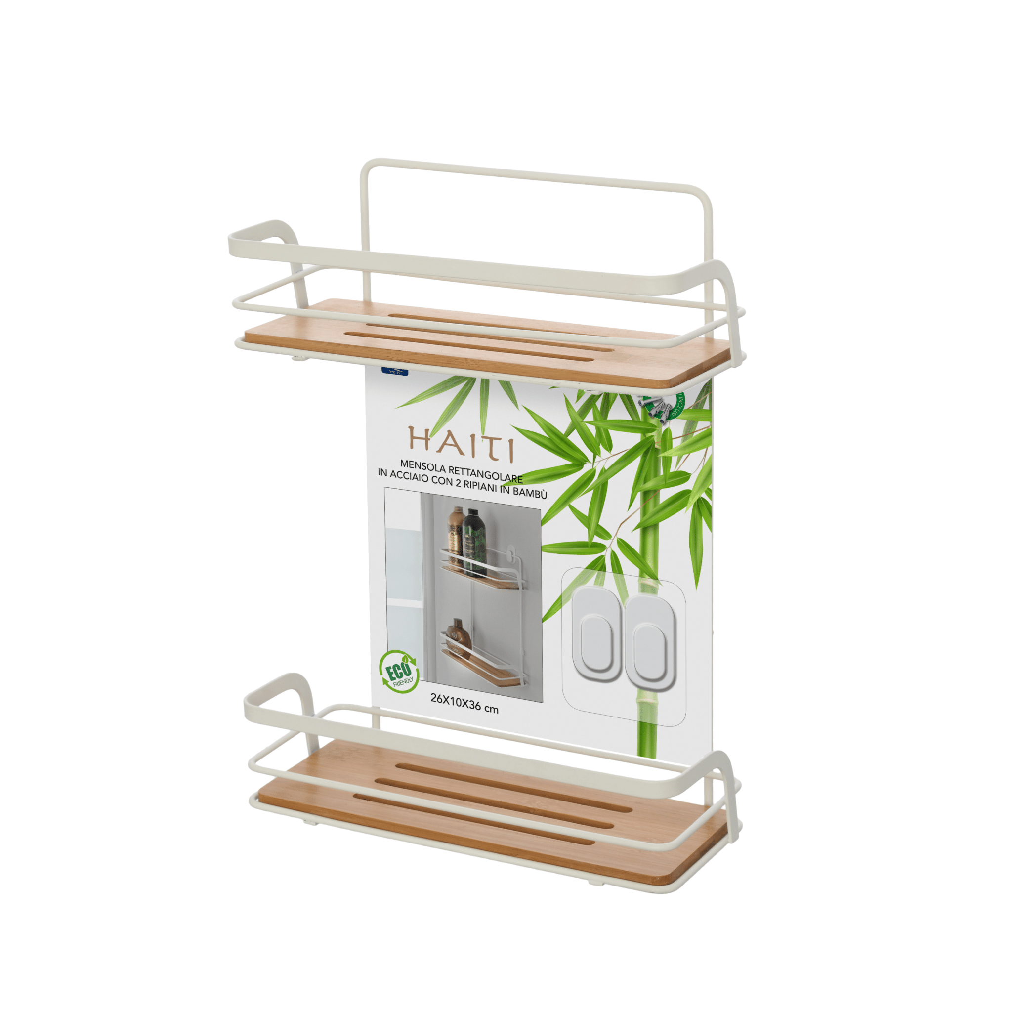 Mensola Doccia Rettangolare a 2 Ripiani Feridras "Haiti" Bianco/Bambù