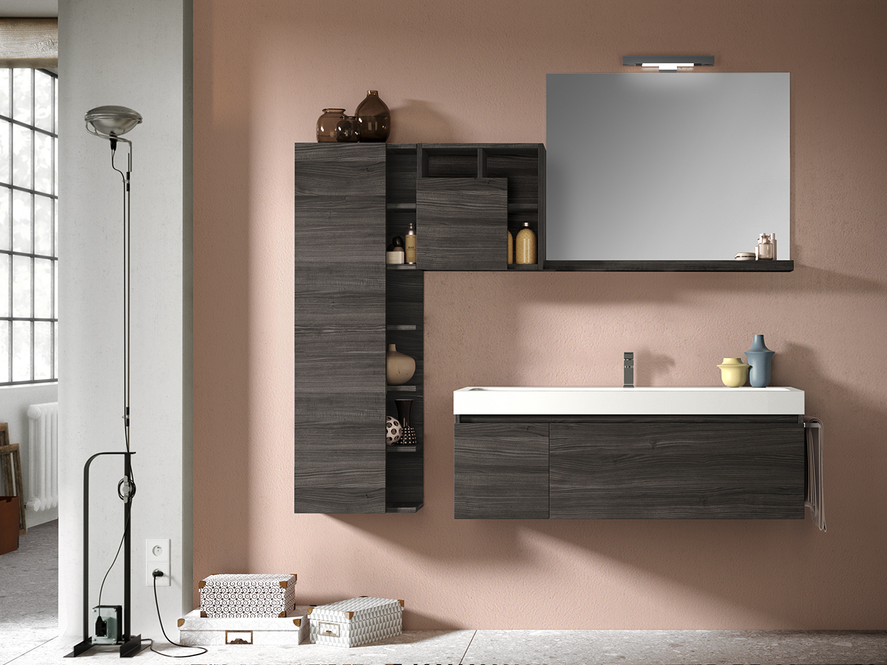 Mobile Bagno Qubo 120 cm Olmo Lava con Lavabo Unitop-9009341